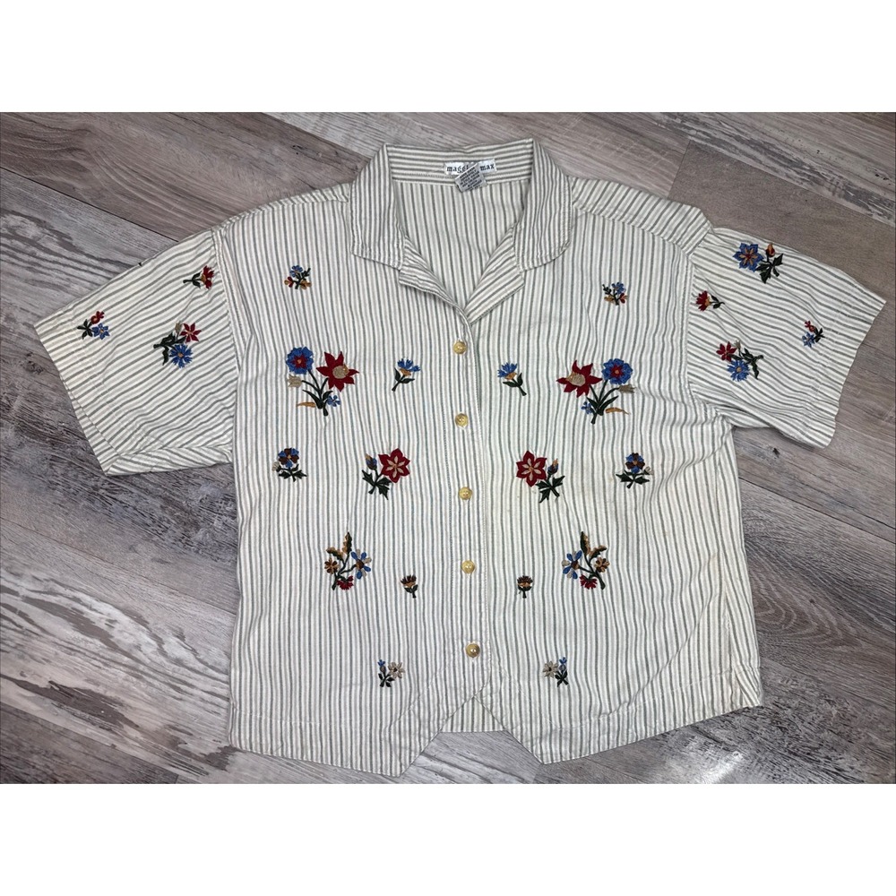 Vintage Maggie &‎ Max Top L Striped Short  Embroidered Floral Boho Cottagecore